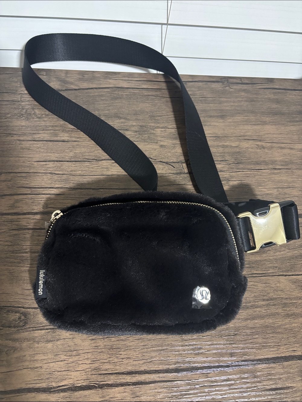 lululemon athletica Black Faux-Fur Crossbody Belt Bag with Gold Buckle
